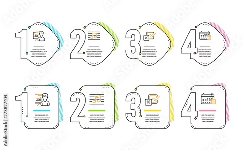 Musical note, Presentation and Checkbox icons simple set. Calendar sign. Music, Education board, Survey choice. Calculator device. Infographic timeline. Line musical note icon. 4 options or steps