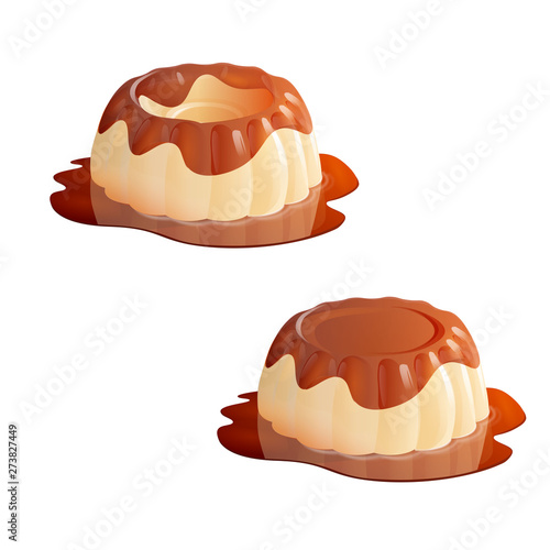 Homemade vanilla pudding with caramel sauce. Set of sweet custard jelly desserts. Vector illustration isolated on white background.