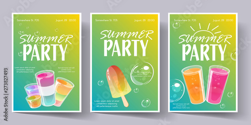 Summer party concept. Template set for invitation flyer, banner or poster. Colorful jelly and cocktail shots and bubbles on bright violet background. Vector illustration.