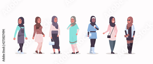 set arabic women in hijab different arab girls wearing headscarf traditional clothes female cartoon characters collection full length flat horizontal