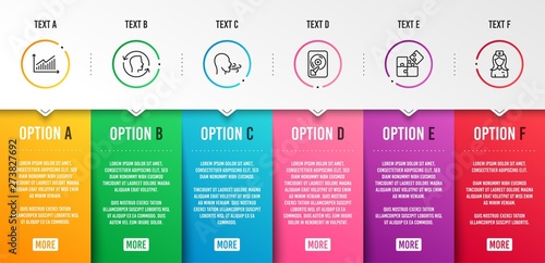 Breathing exercise, Puzzle and Hdd icons simple set. Face id, Graph and Hospital nurse signs. Breath, Engineering strategy. Science set. Infographic template. 6 steps timeline. Business options