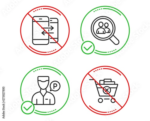 Do or Stop. Phone communication, Search employees and Valet servant icons simple set. Remove purchase sign. Incoming and outgoing calls, Staff analysis, Parking man. Delete from cart. Vector