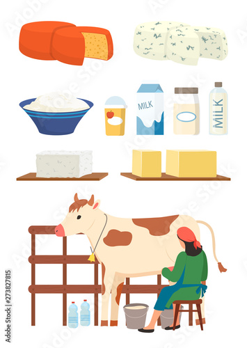 Milkmaid and dairy products set vector, isolated woman with cow, cottage cheese and milk in packages and bottles, productions for sale flat style