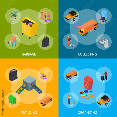 Garbage Recycling Signs 3d Banner Set Isometric View. Vector