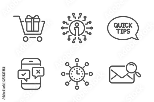 Phone survey, Quickstart guide and Info icons simple set. World time, Shopping cart and Search mail signs. Mobile quiz test, Helpful tricks. Technology set. Line phone survey icon. Editable stroke