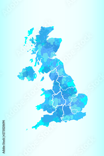 UK watercolor map vector illustration in blue color on light background using paint brush on paper