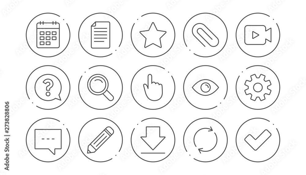 Document, Calendar and Question mark line icons. Search, Video camera and Check mark. Linear icon set. Line buttons with icon. Editable stroke. Vector