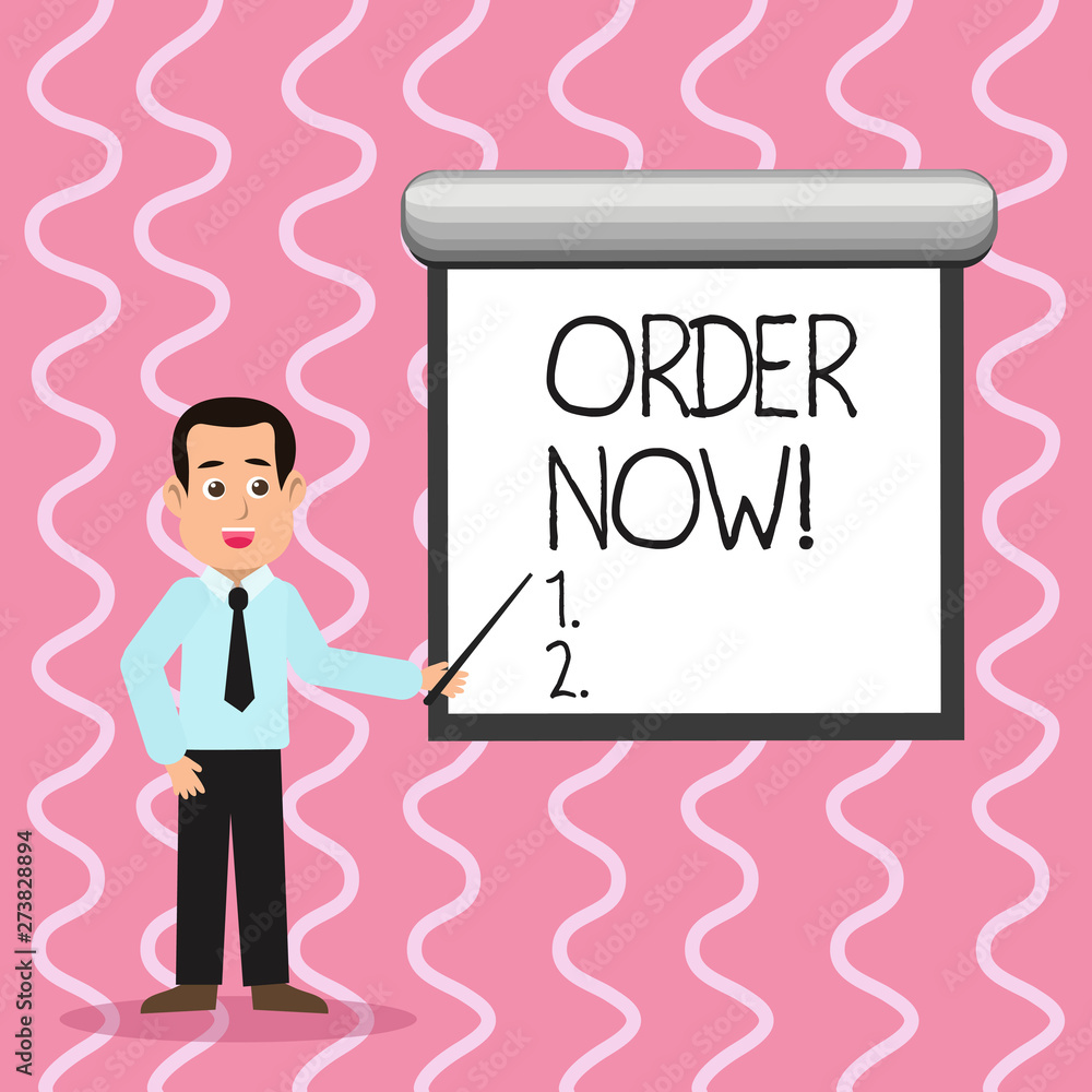 Text sign showing Order Now. Business photo text confirmed request by one party to another to buy or sell Man in Necktie Talking Holding Stick Pointing to Blank White Screen on Wall Text sign showing Order Now. Business photo text confirmed request by one party to another to buy or sell Man in Necktie Talking Holding Stick Pointing to Blank White Screen on Wall