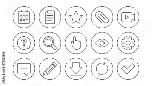 Document  Calendar and Question mark line icons. Search  Video camera and Check mark. Linear icon set. Line buttons with icon. Editable stroke. Vector