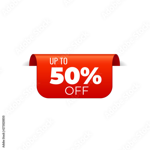 Red Vector Banner Ribbon on white background, top bookmark, up to 50 percent off