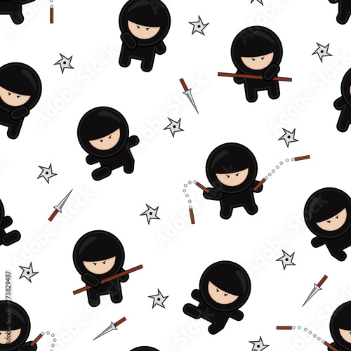 Ninja characters seamless pattern on white background, Cartoon warriors vector illustration, Japan fighters