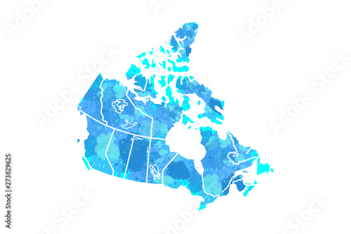 Canada watercolor map vector illustration in blue color on white background using paint brush on paper page