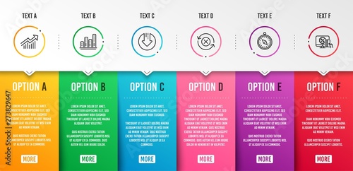 Download arrow, Graph chart and Demand curve icons simple set. Reject refresh, Travel compass and Online shopping signs. Crisis, Growth report. Technology set. Infographic template. 6 steps timeline