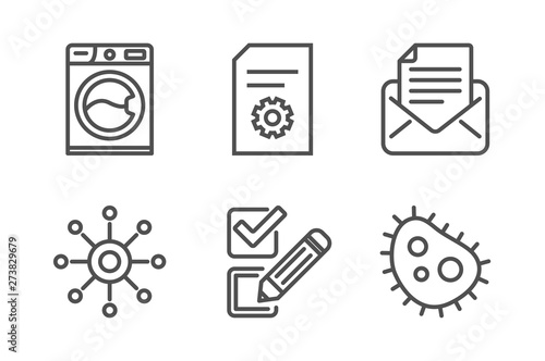 Checkbox, File settings and Multichannel icons simple set. Washing machine, Mail correspondence and Bacteria signs. Survey choice, File management. Technology set. Line checkbox icon. Editable stroke