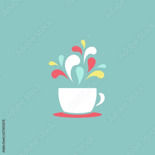 cup with colorful drops flying out. silhouette icon. Mug with tea or coffee isolated on powder blue background.