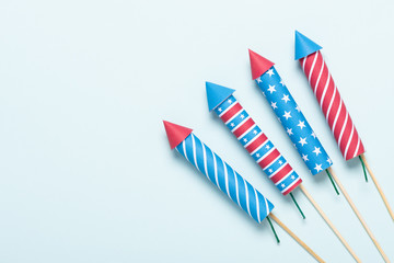4th of July fireworks USA flag style rockets. Firecracker rockets United States Independence Day banner.