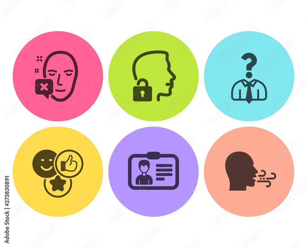 Face declined, Like and Hiring employees icons simple set. Identification card, Unlock system and Breathing exercise signs. Identification error, Social media likes. People set. Vector Face declined, Like and Hiring employees icons simple set. Identification card, Unlock system and Breathing exercise signs. Identification error, Social media likes. People set. Vector