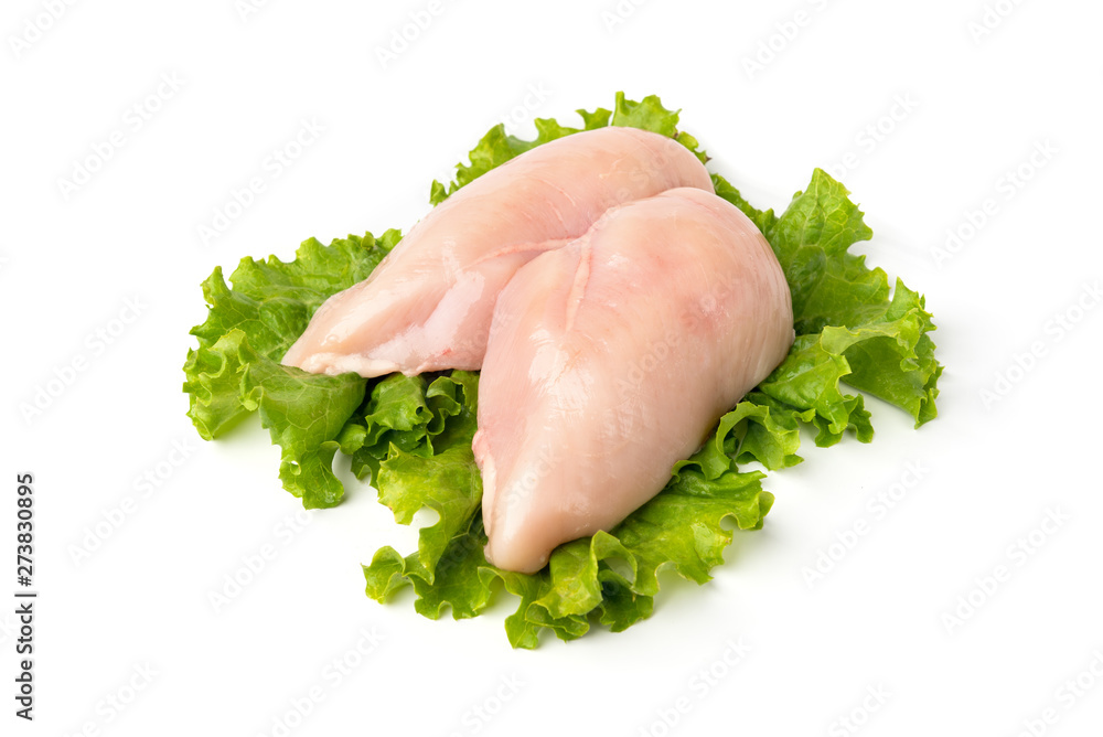 Raw chicken breast with salad isolated on white background. Raw chicken breast with salad isolated on white background.