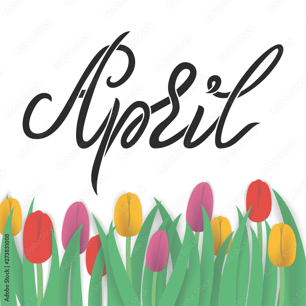 Illustration of papercut tulips and lettering april. For bunners, for sale bunners Illustration of papercut tulips and lettering april. For bunners, for sale bunners