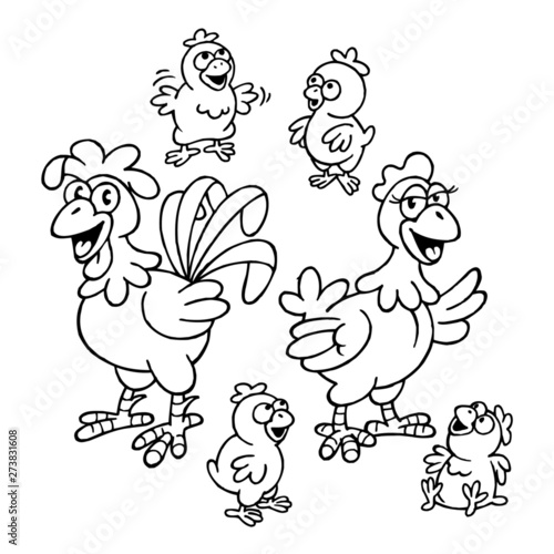 cute rooster and hen with small chickens, poultry from farm, black and white line drawing