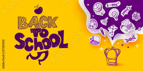Back to School banner with line art icons of education, science objects on paper art cut out icons. Vector hand drawn doodle style illustration. hand lettering symbol of education with ink drawn legs