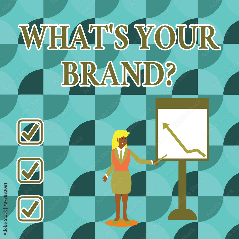 Handwriting text writing What S Your Brand Question. Conceptual photo asking about product logo does or what you communicate Businesswoman Holding Stick Pointing to Chart of Arrow Upward on Whiteboard Handwriting text writing What S Your Brand Question. Conceptual photo asking about product logo does or what you communicate Businesswoman Holding Stick Pointing to Chart of Arrow Upward on Whiteboard