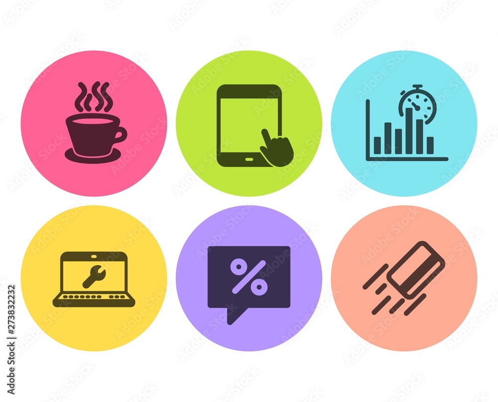Discount message, Report timer and Tablet pc icons simple set. Laptop repair, Tea cup and Credit card signs. Special offer, Growth chart. Flat discount message icon. Circle button. Vector Discount message, Report timer and Tablet pc icons simple set. Laptop repair, Tea cup and Credit card signs. Special offer, Growth chart. Flat discount message icon. Circle button. Vector