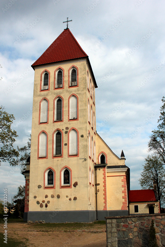 Naklejka premium St. Antoni Padewski parish church in Banie Mazurskie village, Goldap powiat, Warmian-Masurian Voivodeship in Poland