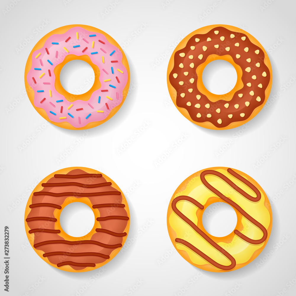 Set of sweet glazed donuts isolated on white background. Set of sweet glazed donuts isolated on white background.
