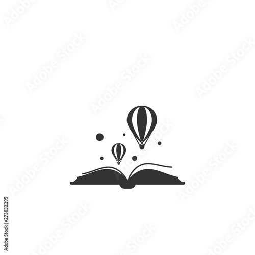 Black open book with air balloons isolated on white background. Vector flat illustration.
