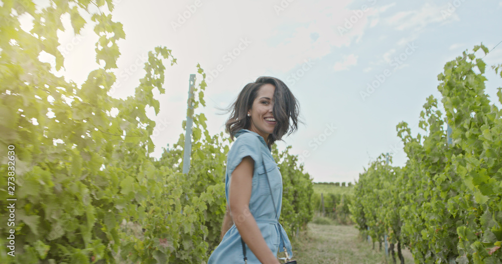 Romantic love couple, woman smiling running and walking near vineyard at sunset or sunrise.Warm sun back light.Following POV point of view.Friends italian trip in Umbria.4k slow motion