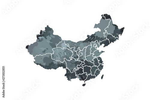 China watercolor map vector illustration in black color with different regions or provinces on white background using paint brush on paper