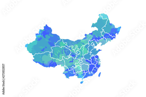 China watercolor map vector illustration in blue color with different regions or provinces on white background using paint brush on paper