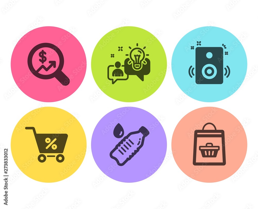 Speakers, Idea and Water bottle icons simple set. Currency audit, Special offer and Online buying signs. Sound, Solution. Flat speakers icon. Circle button. Vector Speakers, Idea and Water bottle icons simple set. Currency audit, Special offer and Online buying signs. Sound, Solution. Flat speakers icon. Circle button. Vector