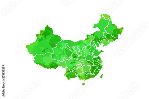 China watercolor map vector illustration in green color with different regions or provinces on white background using paint brush on paper