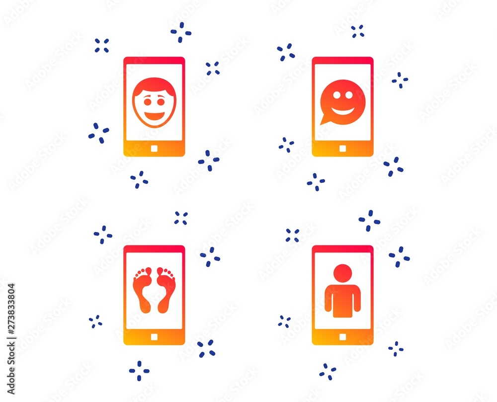 Selfie smile face icon. Smartphone video call symbol. Self feet or legs photo. Random dynamic shapes. Gradient selfie icon. Vector