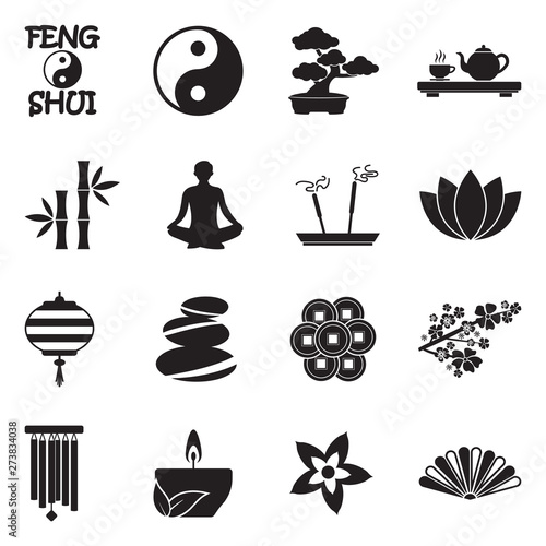 Feng Shui Icons. Black Flat Design. Vector Illustration.