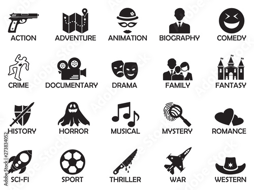 Film Genres Icons. Black Flat Design. Vector Illustration.