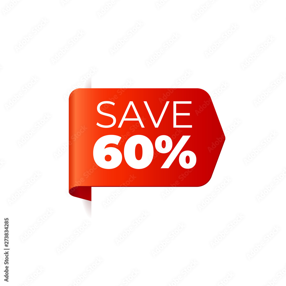 Red Vector Banner Ribbon on white background, left bookmark, save 60 percent Red Vector Banner Ribbon on white background, left bookmark, save 60 percent
