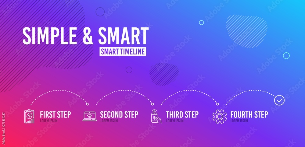 Infographic timeline. Report, Website education and Phone payment icons simple set. Service sign. Presentation chart, Video learning, Mobile pay. Cogwheel gear. Technology set. 4 steps layout. Vector Infographic timeline. Report, Website education and Phone payment icons simple set. Service sign. Presentation chart, Video learning, Mobile pay. Cogwheel gear. Technology set. 4 steps layout. Vector