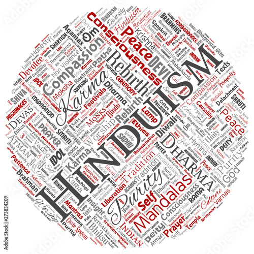 Vector conceptual hinduism, shiva, rama, yoga round circle red word cloud isolated background. Collage of mandalas, samsara, celebration, tradition, peace, compassion, rebirth, karma, dharma concept