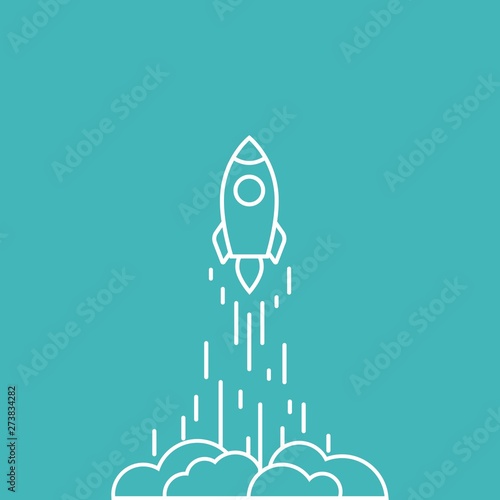 Rocket line ship with fire and clouds. Isolated on blue background. Flat linear vector illustration with flying shuttle.
