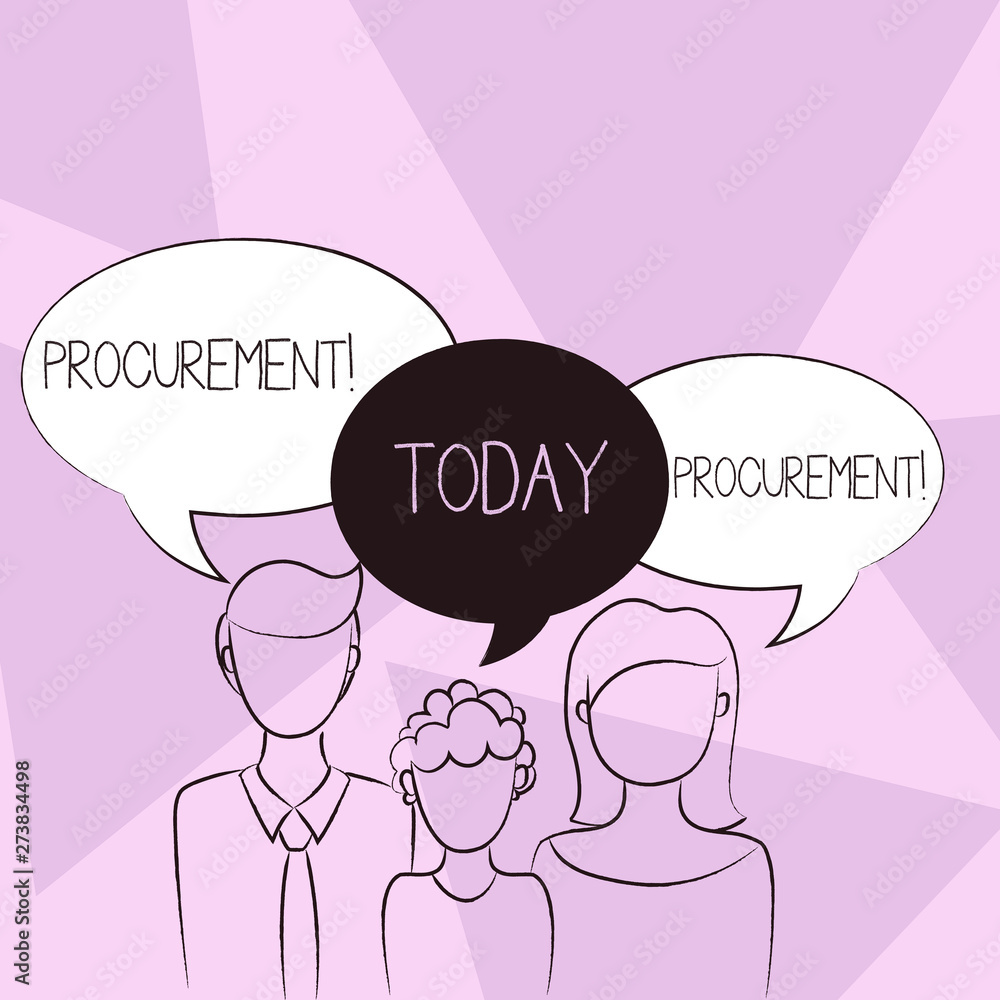 Conceptual hand writing showing Procurement. Concept meaning Procuring Purchase of equipment and supplies Family of One Child Between Father and Mother Speech Bubble Conceptual hand writing showing Procurement. Concept meaning Procuring Purchase of equipment and supplies Family of One Child Between Father and Mother Speech Bubble