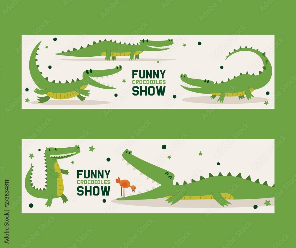 Obraz premium Funny crocodiles show set of banners vector illustration. Bird standing in mouth of alligator. Animal in different poses and activities, sitting, running and lying, showing tricks.