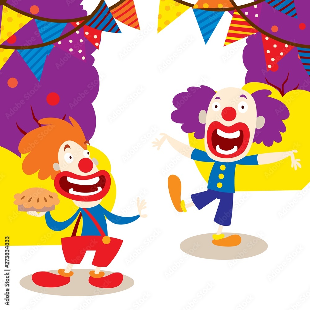 Obraz premium Clowns for your party banner vector illustration. Funny characters and different circus accessories. Cartoon clown holding pie, comedian and jester performance in costume.