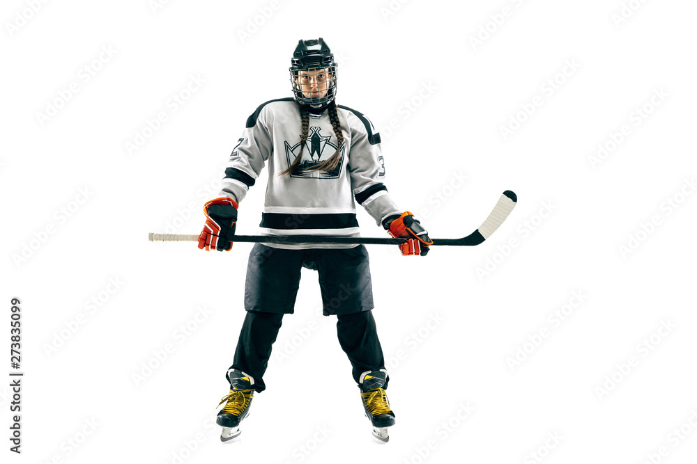 Young female hockey player isolated on white background. Sportswoman wearing equipment and helmet standing with the stick. Concept of sport, healthy lifestyle, motion, movement, action. Young female hockey player isolated on white background. Sportswoman wearing equipment and helmet standing with the stick. Concept of sport, healthy lifestyle, motion, movement, action.