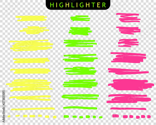 Set of yellow, green, pink, strokes line markers. Vector highlight brush lines. Hand drawing sketch underlined, stripes. Elements on an isolated transparent background.