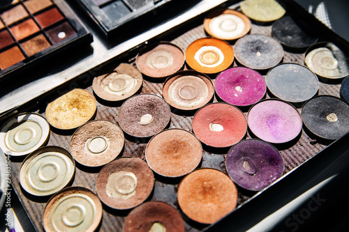 Close up of used colorful palette of eye shadow.