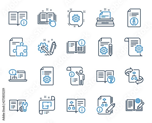 Technical document line icons. Set of Instruction, Plan and Manual icons. Help document, Building plan and Algorithm symbols. Technical blueprint, Engineering instruction, Work tool, building. Vector