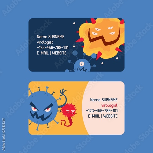 Virologist set of business cards vector illustration. Microbes or collection of cartoon viruses. Bad microorganisms for people. Different disgusting bacteria. Monsters. Contact information.